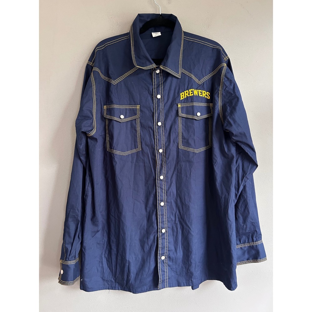 Milwaukee Brewers Men L Navy Western Pearl Snap Shirt Contrast Stitch MLB 48334